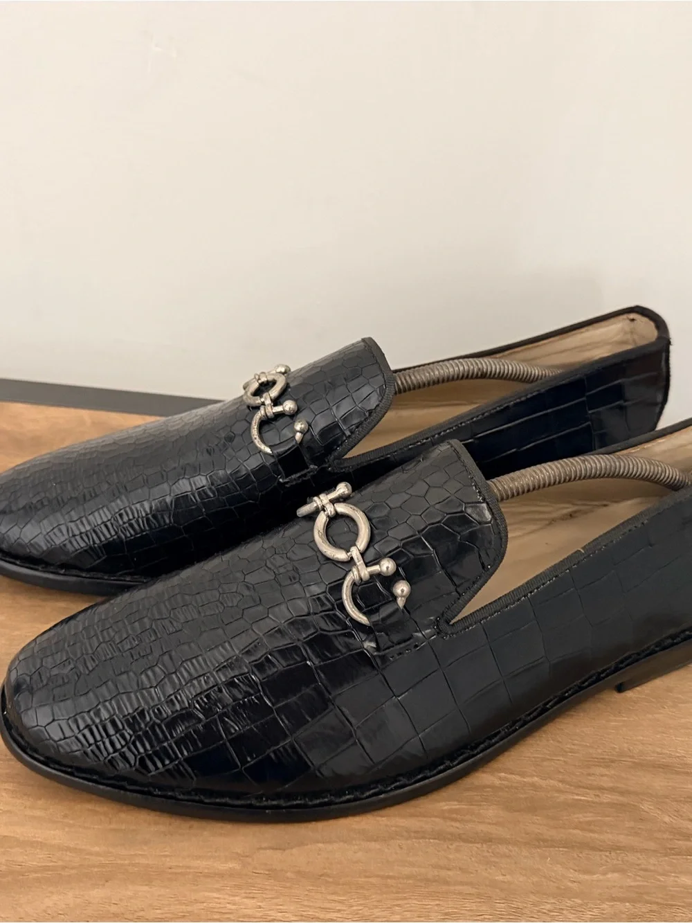 Black Croc-Embossed Slip-On Loafers with Silver Bit Hardware